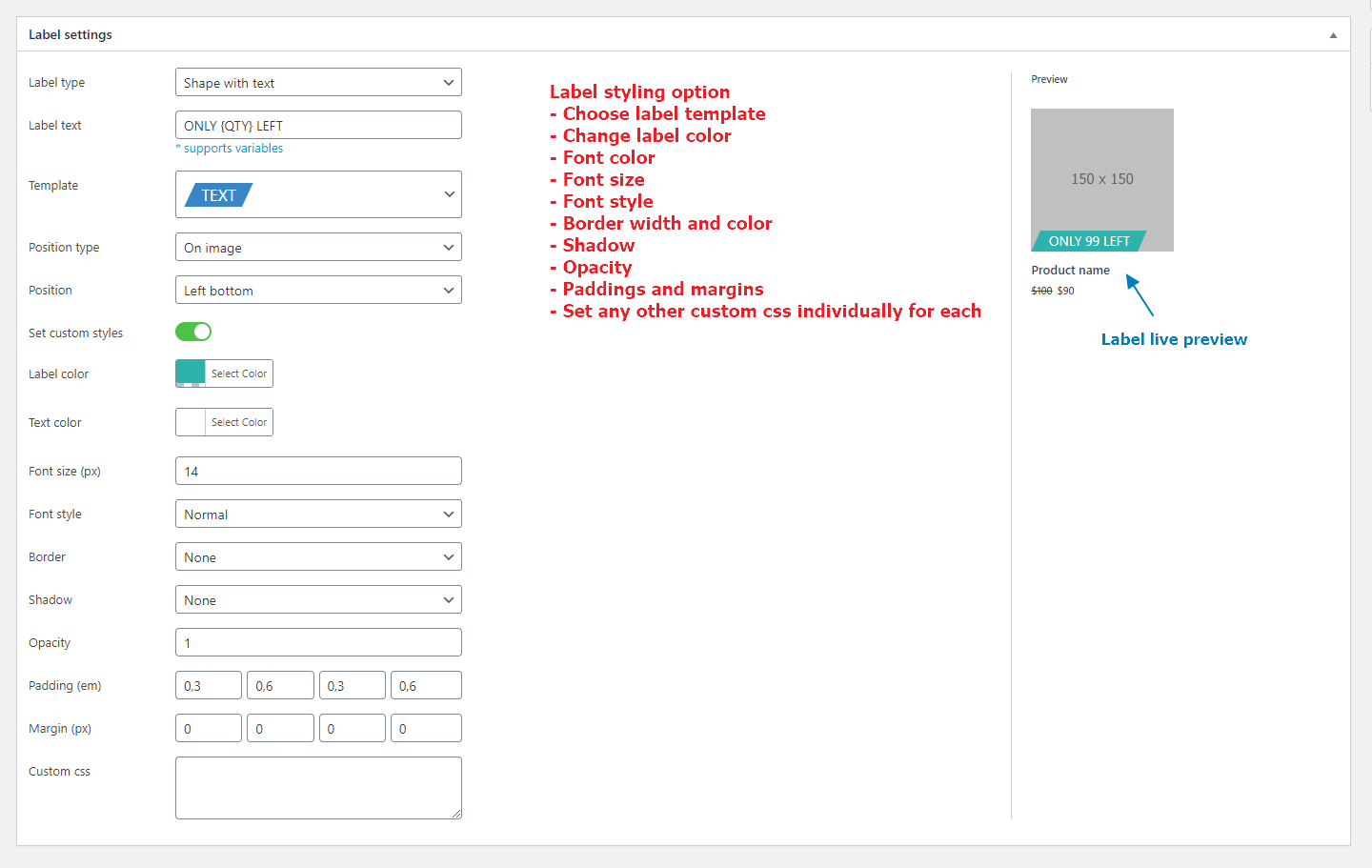 Labels styling options. Admin page