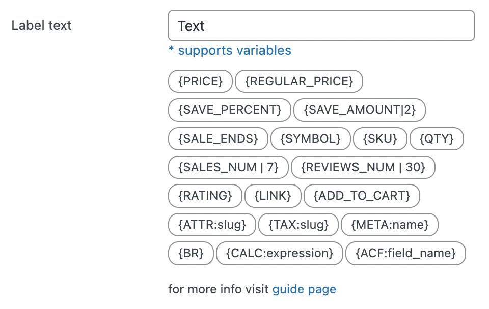 Text variables list