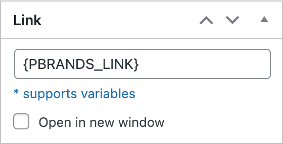 {PBRANDS_LINK} text variable for label link option