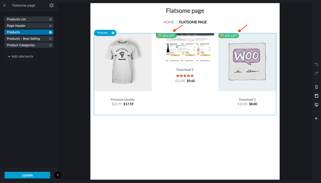 WooCommerce block with product labels inside UX Builder edit screen
