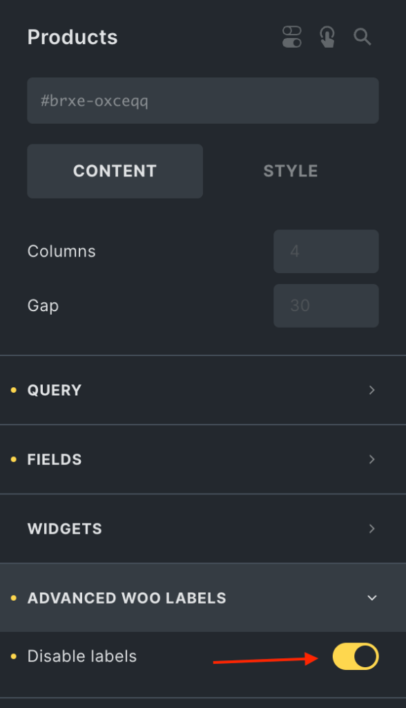 Option to disable labels for Products element
